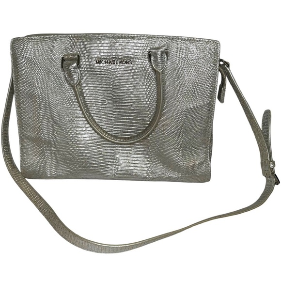 Michael Kors Selma Lizard Embossed Silver Satchel